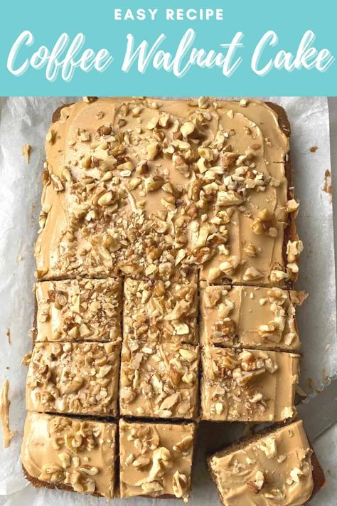 Flavoured Icing, Butter Sponge Cake, Coffee Walnut Cake, Chocolate Traybake, Walnut Cake Recipe, Traybake Cake, Coffee Icing, Coffee And Walnut Cake, Coffee Cake Recipes Easy