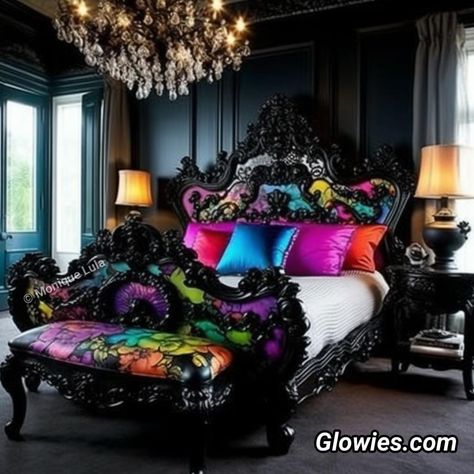 Stained Glass Furniture, Rainbow Goth, Whimsy Goth Bedroom, Colourful Bedroom, Room Bedroom Ideas, Goth Room, Monique Lula, Goth Bedroom, Rainbow Bedroom