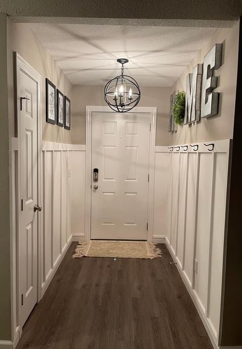 Wayne’s Coating Hallway, Batten Board Walls Entryway, Waynes Coating Entry Way, Garage Hallway Entrance, Board And Batten Wall Hallways, White Entrance Hall, Entry Hallway Ideas Narrow, Farmhouse Single Wide, Barndo Garage