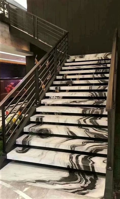 Panda Marble Stairs, Stair Tile Design, Stairs Stone Design, Stairs Marble Design, Marble Stairs Design, White Marble Stairs, Stair Tiles, Panda White Marble, Stairs Stone