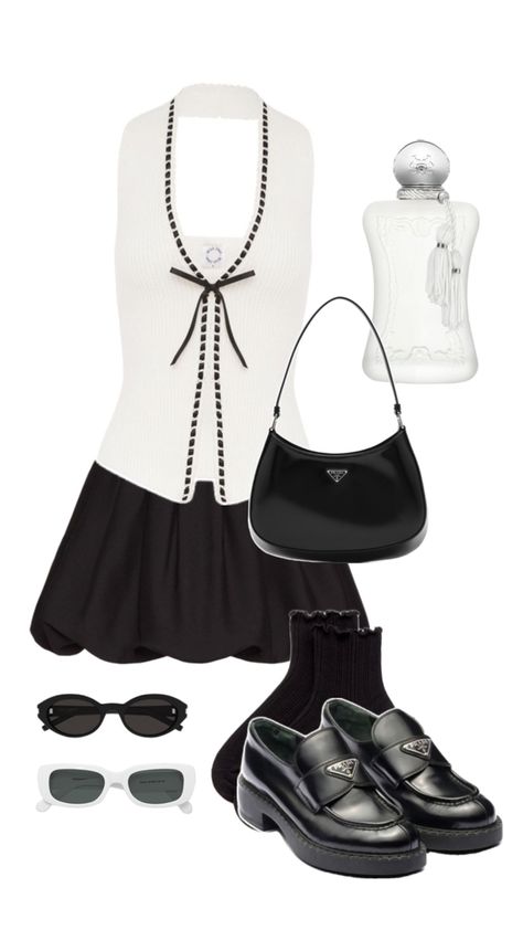 Prada Cleo, Sunglasses, Skirt, Vest, Loafers, Black, White #jeans #jeanskirt #dress #loafers #adidas #sambas #longhcamp #chanel #prada #ysl #outfit #inspo #outfitinspo #trendy #aesthetic #perfume Ysl Outfit, Aesthetic Perfume, Prada Cleo, Collage Outfits, Casual Work Outfits Women, Adidas Sambas, Dress Loafers, Trendy Aesthetic, Baggy Pants