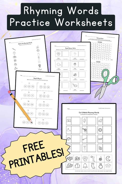 Get 5 FREE printable Rhyming Words Worksheets for kindergarten and first graders! Kids will practice identifying and generating rhyming words in a fun and engaging way. Rhyming Word Families, Kindergarten Rhyming Words, Rhyming Activities Kindergarten Free, Rhyming Worksheets Preschool, Words Worksheets For Kids, Words Worksheets For Kindergarten, Rhyming Words Activities, Rhyming Words Worksheets, Rhyming Worksheet