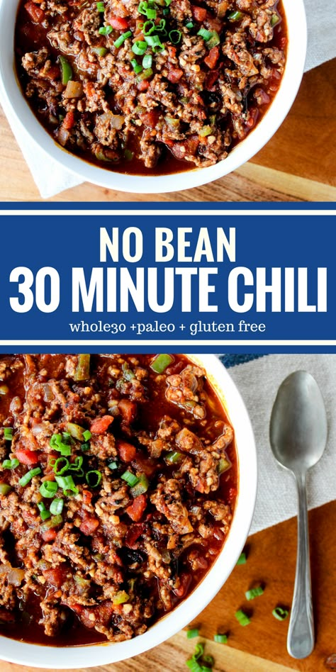 Texas No Bean Chili Recipe, Chilli Recipe No Beans, Texas Chili Recipe No Beans, Fodmap Chili, Chili Recipe No Beans, Chile Beans, 30 Minute Chili, Dairy Free Potato Soup, Quick Chili