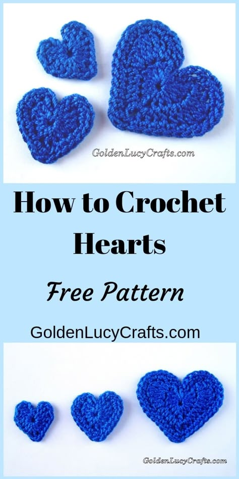 Learn how to crochet hearts in three sizes, easy, free crochet pattern. Heart applique, love heart, #crochetheart, #heart, #crochetapplique, #crochetpattern Crochet Heart Applique, Football Crochet, Applique Hearts, Free Heart Crochet Pattern, Crocheted Hearts, Hearts Crochet, Crochet Applique Patterns, Crochet Valentine Patterns, Crochet Valentines