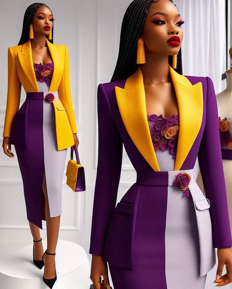 Giving premium yellow and purple affairs 🔥 �🔥 🔥 save and share these gorgeous workwear styles to your friends and tailor.which slide is your favorite 🤩? Click the follow button and on your post notifications for more… KINDLY TAG US WHENEVER YOU RECREATE OR REPOST ANY OF OUR DESIGNS. DM OR CLICK THE LINK IN BIO TO GET STYLE INSPIRATIONS FOR YOUR BIG OCCASIONS DM IF YOU WANT TO LEARN HOW TO ILLUSTRATE BY YOURSELF ALSO DM IF YOU WANT A DESIGN FOR YOUR FASHION BRAND #tailorcatalogue #tail... Choir Outfits, Formal Suits For Women, Black Fashion Models, African Jumpsuit, Stylish Business Outfits, Graduation Attire, Purple Suit, Goddess Fashion, Work Outfit Inspiration