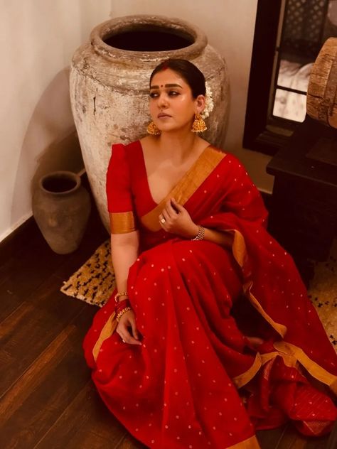 Nayanthara’s red Chanderi silk sari is woven with a rich gold border and motifs | Vogue India Nayanthara Saree, Tamil Saree, Woman In Saree, Saree Blouse Styles, Modern India, Kerala Saree, Hair Color Black, Saree Photoshoot, Vogue India