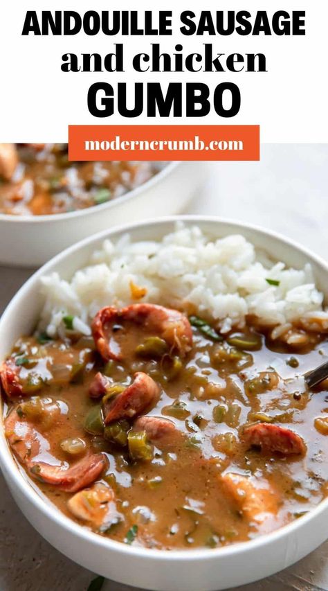 Be transported to New Orleans for a night with this creole inspired chicken and andouille sausage gumbo. Made with bell peppers, celery and onion, which is termed the holy trinity in cajun cuisine. Served with rice. Chicken And Andouille Sausage Gumbo, Andouille Sausage And Peppers, Andouille Sausage And Chicken Recipes, Chicken Andouille Sausage Gumbo, Crockpot Andouille Sausage Recipes, Cajun Ninja Gumbo, Sausage And Chicken Gumbo, Chicken Gumbo Recipe, Andouille Sausage Gumbo