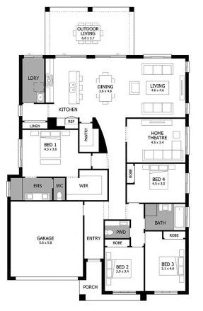 Atrium Single Storey House Design with 4 Bedrooms | MOJO Homes House Plans With Atrium, Single Story House Design, Single Storey House Design, Country Farmhouse Exterior, 4 Bedroom House Designs, House Must Haves, Single Story House, Atrium House, Single Storey House