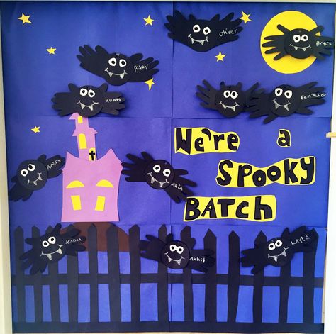 Bat-themed bulletin board, using children's hand cutouts for wings!  autumn bulletin board ideas, halloween bulletin board ideas Bat Bulletin Board Ideas, Skeleton Bulletin Board Ideas, Bat Bulletin Board, Bulletin Board Ideas Halloween, Skeleton Bulletin Board, Autumn Bulletin Board Ideas, Toddler Art Crafts, Halloween Bulletin Board Ideas, Autumn Bulletin Board