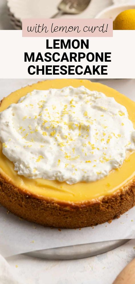 This decadent, creamy baked lemon mascarpone cheesecake has bright lemon flavor in every bite! The mascarpone cheese gives it a slightly different flavor than your traditional cheesecake made with just cream cheese. It also gives it a velvety, melt-in-your-mouth quality with pairs beautifully with the homemade graham cracker crust and tart lemon! Mascarpone Cheese Recipes, Italian Lemon Marscapone Tart, Cheesecake With Mascarpone Cheese, Lemon Mascarpone Cheesecake, No Bake Mascarpone Cheesecake, Cheesecake With Lemon Curd, Lemon Marscapone, Lemon Mascarpone Cream, Mascarpone Cream Recipe