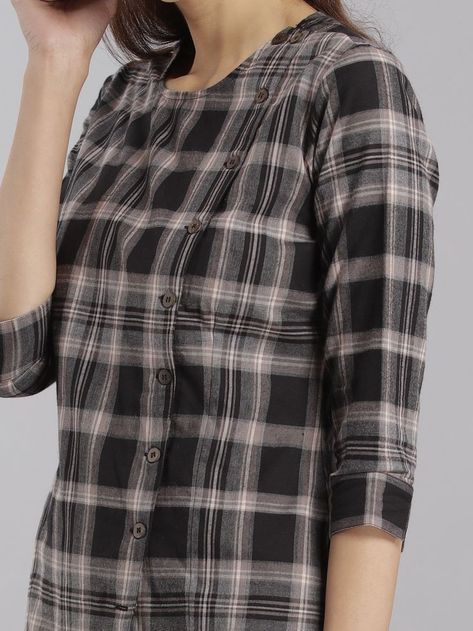 Check Kurti Designs, Checks Kurti Designs, Short Kurti Designs, Checked Shirt Women, Stylish Tunic Tops, Stylish Tunic, Office Wardrobe, Simple Kurta Designs, Designer Kurti Patterns