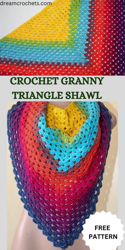 Easy 1 Skein Crochet Shawl, Crochet Granny Triangle Shawl, One Skein Triangle Scarf Crochet, Granny Stitch Triangle Shawl, Granny Crochet Shawl, Crochet Triangle Shawl Pattern Free Granny Squares, Crochet Shawl Pattern Free One Skein, Crochet Granny Triangle Pattern, Granny Triangle Crochet Pattern