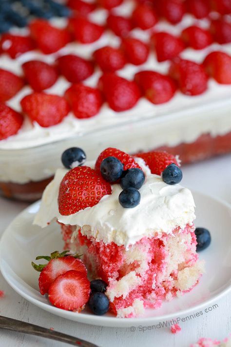 Flag Cake with Cheesecake Topping is the perfect dessert for your 4th of July parties! The recipe comes together easily with your favorite white boxed cake mix and the addition of a few simple ingredients. The cheesecake topping on this cake will have everyone asking for the recipe. It's rich and light at the same time without being overly sweet! Strawberry Jello Poke Cake, Strawberry Jello Cake, Jello Cake Recipes, Jello Poke Cake, Strawberry Poke Cake, Poke Cake Jello, Strawberry Poke Cakes, Cakes To Make, Jello Cake