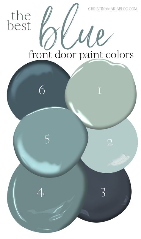 Best Blue Paint For Front Door, Teal Blue Front Door, Shutters And Front Door Colors, Kitchen Door Paint Ideas, Light Gray House Door Color Ideas, Blue Green Door Exterior, Blue Gray Front Door Color, Best Blue Front Door Colors, Behr Front Door Colors