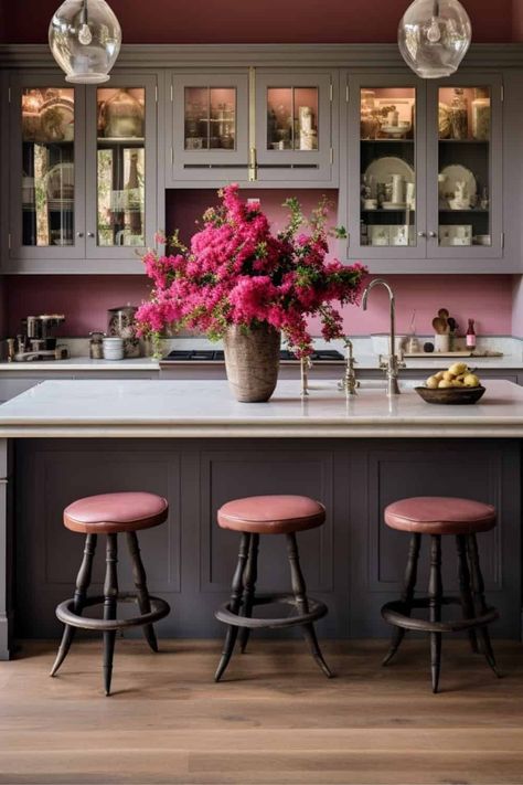 Retro Cabinets, Pink And Grey Kitchen, Hot Pink Kitchen, Home Haunted House, Feminine Interior Design, Pink Kitchens, Haunted House Decor, Blush Walls, Light Wood Cabinets