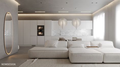 The One-2 apartment on Behance Minimalist Monastery, Room Couches, Nordic Home, Minimalism Interior, White Furniture, Minimalist Interior, Autodesk 3ds Max, White Interior, Interior Architecture Design