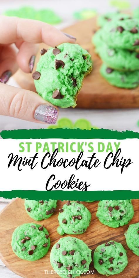 St Patricks Day Images, St Patricks Desserts, Mint Chocolate Chip Cookie Recipe, St Patricks Food, St Patrick Day Snacks, Sant Patrick, Holiday Treats Recipes, St Patrick's Day Cookies, Mint Chocolate Chip Cookies