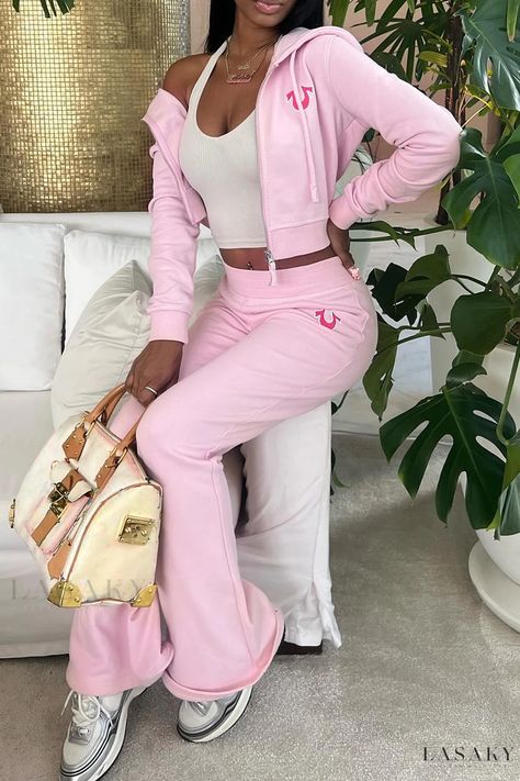 Lasaky - Cozy Cropped Jacket and Flare Leg Pant Set Flare Leg Pants Outfit, Leg Pants Outfit, Sweat Suit, Women's Outfits By Occasions, Stylish Summer Outfits, Hoodie And Sweatpants, Pink Set, Flare Leg Pants