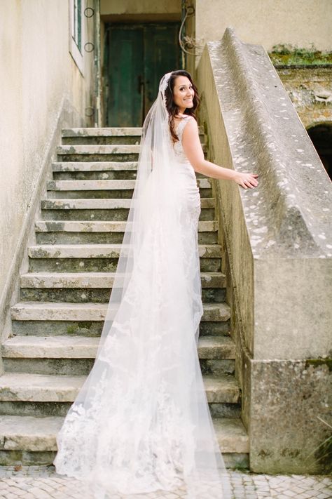 Spring destination wedding in The Quinta vintage wedding venue in Portugal See more here: http://portugalweddingphotographer.com Cathedral Mantilla Veil, Mantilla Veil Wedding, Elbow Length Veil, Lace Wedding Veil, Chapel Length Veil, Lace Mantilla, Beaded Veils, Veil Length, Mantilla Veil