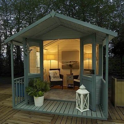 House With Pergola, Shed Lighting Ideas, Garden Summer House Ideas, Shed Lighting, Hut Interior, Small Summer House, Sheds Ideas Backyard, Cottage Garden Sheds, Summer House Interiors