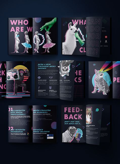 Bohdan Yemchuk https://www.behance.net/yemchuk Client: Neon Treehouse Services: Art Direction / Editorial Design / Image Editing Year: 2019 "Partner brochure for Neon Treehouse, a digital marketing team, based in Adelaide and Melbourne." Neon Magazine Layout, Digital Brochure Design Layout, Colorful Editorial Design, Digital Editorial Design, Art Direction Design, Neon Website Design, Brochure Design Layout Creative, Digital Brochure Design, Year Book Design