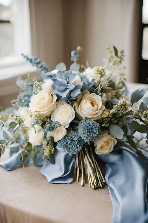 Baby Blue Quince, Dusty Blue And White Wedding, Wedding Color Schemes Blue, Wedding Remembrance, Baby Blue Weddings, Blue And White Wedding, Blue Quince, Spring Wedding Bouquet, Blue Wedding Bouquet