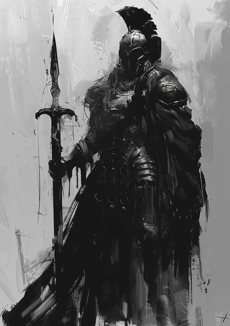 The image is a black and white painting of a warrior. He is wearing a helmet and armor and is holding a spear ->> more details in ai-img-gen.com Black And White Armor, Armor Painting, Holding Spear, Isekai Anime, Evil Knight, Black Warrior, Warrior Drawing, Black Armor, Great Warriors