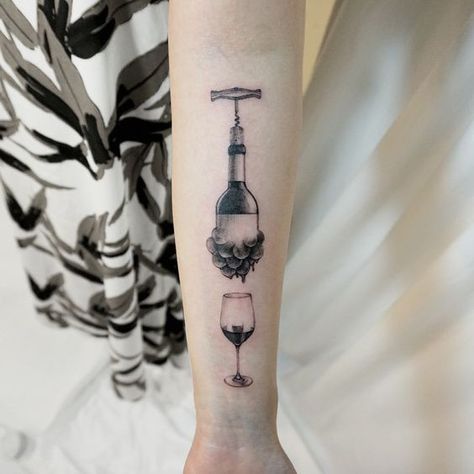 Water Into Wine Tattoo, Wine Related Tattoos, Bottle Wine Tattoo, Sommelier Tattoo, Bottle Of Wine Tattoo, Bar Tattoo Ideas, Alcohol Tattoo Ideas, Wine Tattoo Ideas, Wine Bottle Tattoo