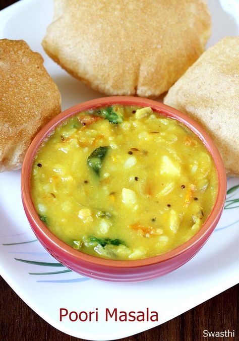 Poori masala recipe - Simple, quick and delicious South Indian style poori curry to accompany puri. It is served for breakfast or a meal with some chutney. Aloo Puri Potato Curry, Poori Masala Recipe, Puri Bhaji Recipe, Puri Curry Recipe, Poori Bhaji, Poori Masala, Aloo Curry, South Indian Breakfast Recipes, Indian Recipes Authentic