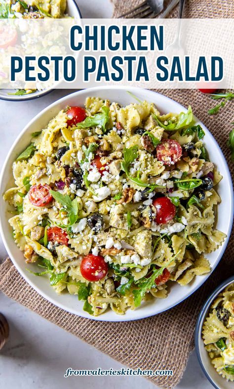 This Chicken Pesto Pasta Salad is packed with a delicious combination of flavors and textures. Tender chicken with sweet cherry tomatoes, black olives, crunchy walnuts, tangy feta cheese, and peppery arugula, all tossed together in a luscious pesto dressing. Salads With Pesto, Chicken Pesto Pasta Salad Recipes, Pesto Chicken Pasta Salad, Creamy Pesto Dressing, Chicken Pesto Pasta Salad, Arugula Pasta, Chicken Pasta Salad Recipes, Chicken Pesto Pasta, Feta Pasta Salad