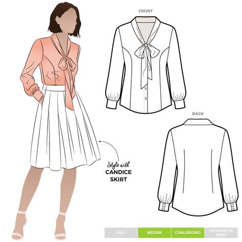 Garments Illustration, Blouse Illustration, Bow Blouse Pattern, Blouse Sewing Pattern, Style Arc, T Shirt Sewing Pattern, Blouse Sewing, Plus Size Sewing Patterns, Sewing Blouses