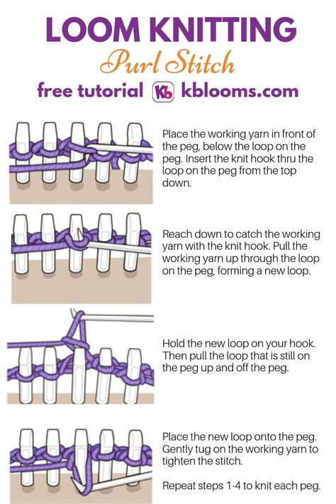 Infographic showing how to create the Purl Stitch on a Loom Loom Knitting Blanket, Loom Knitting Patterns Hat, Loom Knitting For Beginners, Tricotin Long, Loom Knitting Pattern, Round Loom Knitting, Circle Loom, Loom Hats, Loom Knitting Tutorial