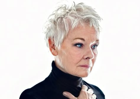 The amazing dame Judi Dench Judy Dench Hair, Short White Hair, Judi Dench, Short Grey Hair, Edgy Short Hair, Choppy Hair, Helen Mirren, Penteado Cabelo Curto, Thinning Hair