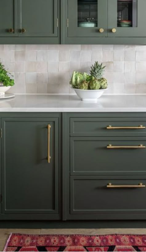 Forestwood Green Cabinets, Olive Backsplash, Green And Cream Kitchen, Zellige Backsplash, Cabnits Kitchen, Kitchen Cupboard Colours, Olive Kitchen, Olive Green Kitchen, Sage Green Kitchen