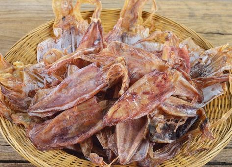 Fish Food Photography, Dried Squid, Fried Rice Noodles, Dried Fish, Raw Salmon, Filipino Cuisine, Dried Plums, Dried Peppers, Dried Shrimp