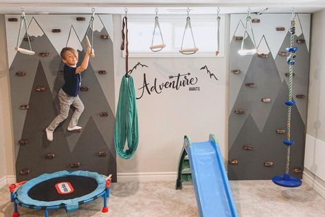 Active Kids Room, Cool Playroom, Active Playroom, Indoor Playroom, Adventure Wall, Basement Playroom, Boys Playroom, Kids Basement, Indoor Gym