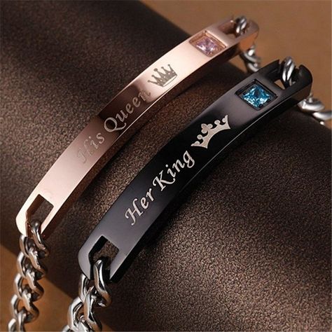 1 Pcs Unique Gift for Lover "His Queen""Her King " Couple Bracelets Stainless Steel Bracelets for Women Men Jewelry