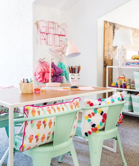 EMILY HENDERSON'S PILLOWFORT INSPIRED PLAYROOM Craft Room Mint Green Pink Girls Room Blush Red Playroom Makeover, Colorful Playroom, Kids Craft Room, Playroom Design, Playroom Organization, Baby Rooms, Pillow Fort, Emily Henderson, 아파트 인테리어