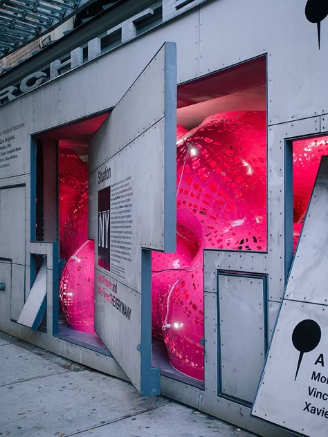 jana winderen + marc fornes infill NY storefront with immersive sensory object Room Installation, Pink Envelope, Raspberry Red, Exhibition Display, Exhibition Booth, Web Banner Design, Big Ideas, Environmental Design, Art Installation