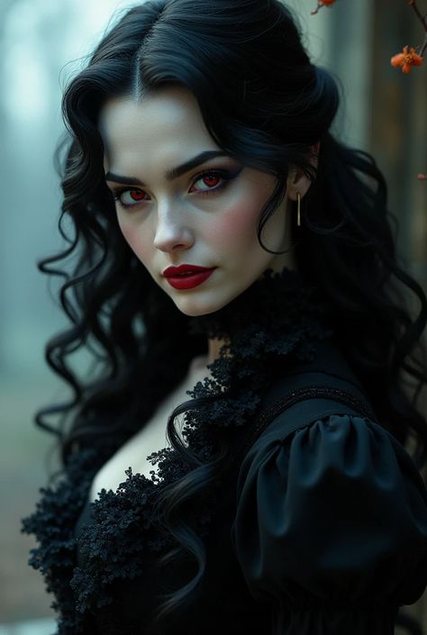 Royal Black Outfit, Gothic Models Dark Beauty, Voluminous Black Hair, Beautiful Vampire Woman, Crimson Eyes, Witch Ideas, Vampire Hair, Vampire Woman, Crow Movie