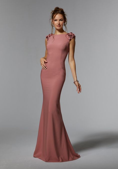 Stretch Crepe Evening Gown with Three-Dimensional Florals and Cowl Back Madeline Gardner, Evening Dresses With Sleeves, Fashion Gowns, Mori Lee, Sophisticated Dress, Mothers Dresses, Mermaid Gown, Stretch Crepe, Crepe Fabric