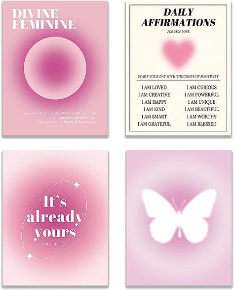 KEUSPI Daily Affirmations Heart Divine Feminine Pink Aura Energy Gradient Y2K Minimalist Wall Art Poster Prints for Bedroom Dorm Decor,Spiritual Decorations Posters Unframed 8x10 Inches Set of 4 Ideas Cuarto, Prints For Bedroom, Y2k Minimalist, Aura Energy, Printable Wall Collage, Seni Pop, Affirmation Posters, Spiritual Decor, Pink Aura