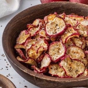 Air Fryer Radish Chips - allairfryerrecipes.com Air Fryer Banana, Radish Chips, Salad Topping, Lunch Sides, Hcg Recipes, Banana Peppers, Radish Recipes, Perfect Pizza, Sprouts With Bacon