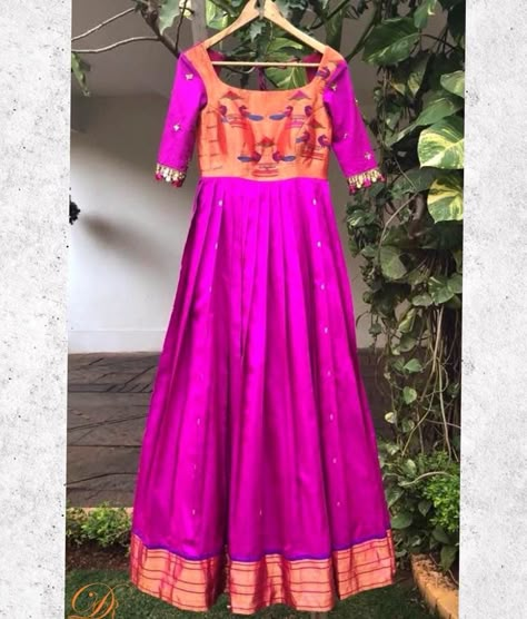 Paithani Long Frocks, Paithani Saree Dress, Anarkali Stitching Ideas, Saree Dress Recycle, Paithani Dress, Paithani Dupatta, Paithani Lehenga, Paithani Blouse Design, Blouse Dress Pattern