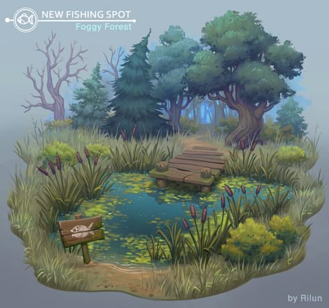 ArtStation - Ponds Environment Painting, Stylized Art, Isometric Art, Landscape Concept, Game Concept Art, Environment Art, Casual Game, Digital Painting Tutorials, A Pond