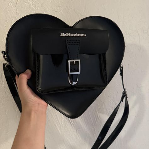 Dr marten black leather heart purse/backpack - Depop Doc Martens Heart Bag, Doc Martens Heart, Heart Bag Outfit, Heart Purse, Heart Shaped Bag, Leather Heart, Bag Outfit, Purse Backpack, Dr Martens Black