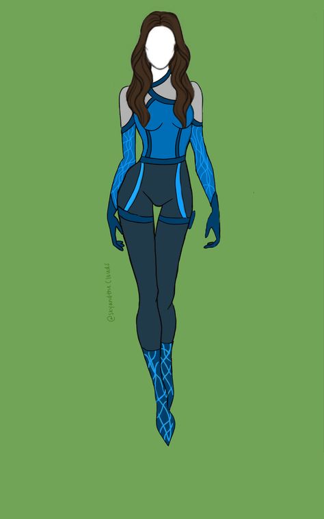 Blue Hero Costume Design, Blue Superhero Suit, Superhero Suit Design Female Green, Blue Superhero Suit Female, Black And Blue Superhero Suit Female, Marvel Suits Design Female Blue, Marvel Suits Design Female Purple, Superhero Outfits Design, Blue Superhero