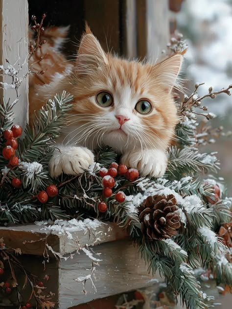 Explore White Cat With Green Eyes, Cat With Green Eyes, Orange And White Cat, Christmas Pets, Christmas Kitten, Winter Cat, Meowy Christmas, Winter Animals, Cute Kitties