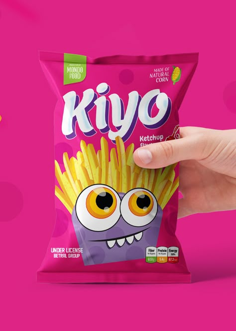 we designed the 3 bags with the same style but with another colors and with some edits on the smile and eyes of our characters Banana Fries, Kids Packaging Design, Crispy Skin Chicken, Funny Packaging, Crisp Packet, Fat Bunny, Chips Packaging, Packing Idea, Packet Design