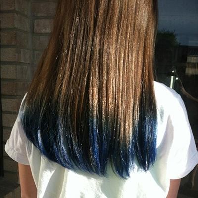 Blue Tips! Looks great with her brown hair. Blue On Brown Hair No Bleach, Blue Hair Tips Brown, Brown Hair With Blue Tips, Anya Hair, Blue Tips Hair, Blue Brown Hair, Salon Offers, Dyed Hair Blue, Aveda Hair